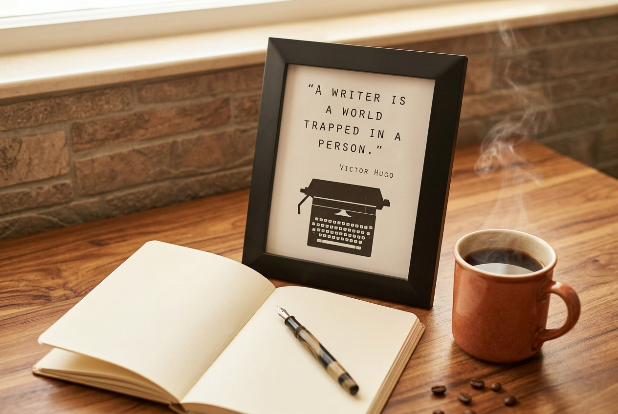 Framed Victor Hugo writer quote on a wooden desk with an open notebook, fountain pen, and steaming coffee